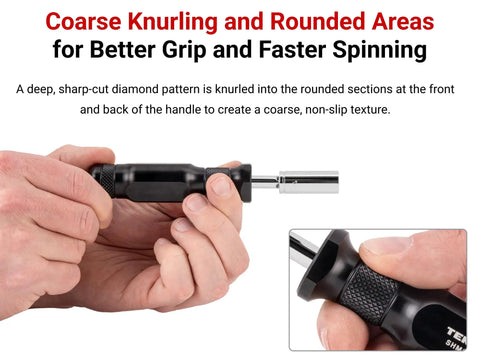 Hands using Quarter Inch Drive Five Inch Aluminum Spinner Handle With Steel Extension For Extra Leverage Built Tough Durable Drive.