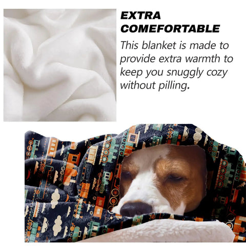 Dog snuggled under Comfy Train Themed Throw Blanket For Kids And Adults Cute Retro Steam Locomotive Pattern Fuzzy Warm Flannel Plush