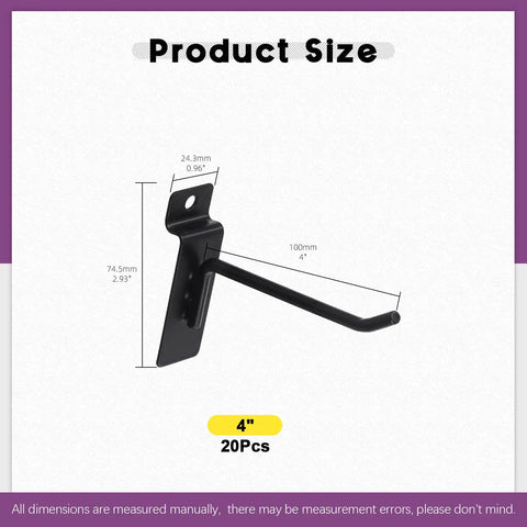 Diagram of 20 Piece 4 Inch Heavy Duty Slatwall Hooks Kit For Garage Organization And Retail Display black finish hook