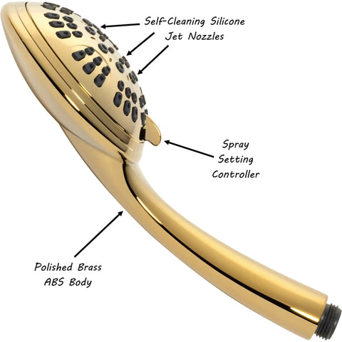 Powerful High Pressure Handheld Shower Head With Six Functions in Polished Brass Finish, Self-Clean Nozzles, Side View