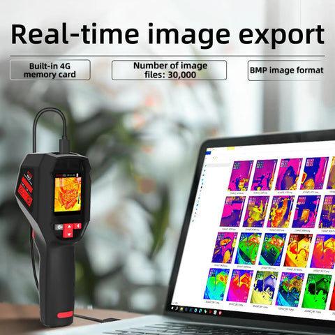 Rechargeable Handheld Infrared Thermal Camera With 240 By 240 Resolution alongside laptop displaying thermal images