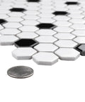 Glossy White 1-Inch Hex Porcelain Mosaic Tile With Black Dot For Floor And Wall Use Slick Mesh Mounted