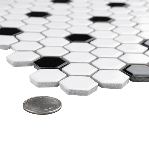 Glossy White 1-Inch Hex Porcelain Mosaic Tile With Black Dot For Floor And Wall Use Slick Mesh Mounted