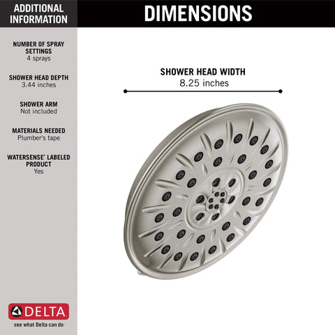 Brushed Nickel Four Setting Shower Head With H2Okinetic Spray Four Inch Round Design One Point Seven Five GPM Water Saving Flow