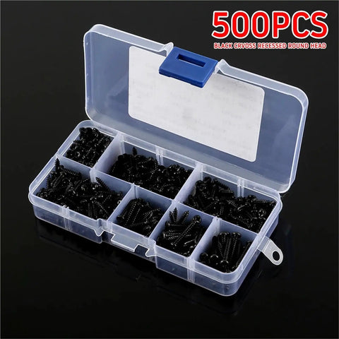 Two Pack 500 M3 Black Pan Head Cross Self Tap Wood Screws in plastic case, dual end locking design for hidden joints.