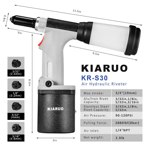 Heavy Duty Pneumatic Air Rivet Gun And Hydraulic Riveter With Self Suction Auto Feed for One Handed Operation and Fast Pop Rivet Pulling On Steel and Aluminum Projects, close-up view.