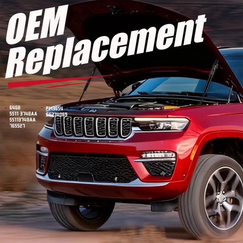 Jeep Grand Cherokee with front hood open showing OEM replacement lift supports installed
