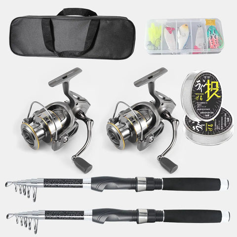 Two Pack Carbon Fiber Fishing Rod And Spinning Reel Combo With Travel Ready Carry Bag 6.9Ft Saltwater Freshwater Use Includes Reels With 12 Plus 1 Ball Bearings And 15Lb Mono Line Portable Carry Case, showing rods, reels, line, and lures.