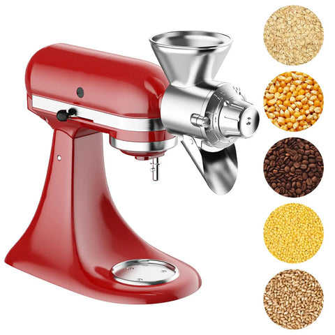Adjustable Grain Mill Attachment For Stand Mixer, From Coarse Cracked Grains To Ultra Fine Flour, showing red base and grains
