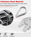 Heavy Duty 20 Piece 304 Stainless Steel Wire Rope Clip Clamp Kit showing 304 stainless material, thimble, and clip close-up