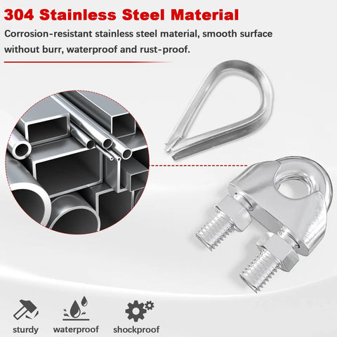 Heavy Duty 20 Piece 304 Stainless Steel Wire Rope Clip Clamp Kit showing 304 stainless material, thimble, and clip close-up