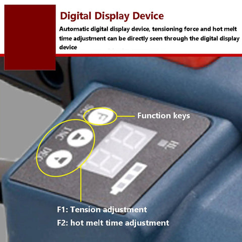 Digital display device of a Heavy Duty Electric Strapping Machine Featuring Hot Melt Friction Lock and adjustable tension controls.