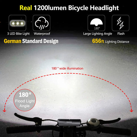 3 LED Bike Light With 1200 Lumen Super Bright Output, High Beam And Low Beam Modes, USB C Rechargeable Bicycle Headlight, Waterproof Front Light For Night Riding, 4000mAh Battery, Long Run Time, MTB Ready Beast Bright
