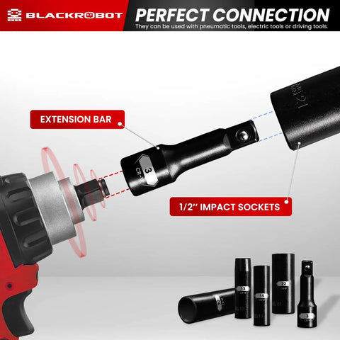 Beefy Eighteen Piece Half Inch Impact Deep Well Metric Socket Set with three extension bars and tools displayed