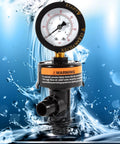 Front view of black plastic high-flow manual relief valve with pressure gauge for pool and spa filter