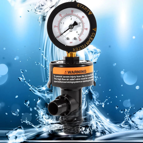 Front view of black plastic high-flow manual relief valve with pressure gauge for pool and spa filter