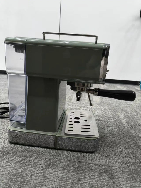 Side view of Top Shelf Green Espresso Machine With Integrated Burr Grinder And 15 Bar Pressure Pump in sleek design.