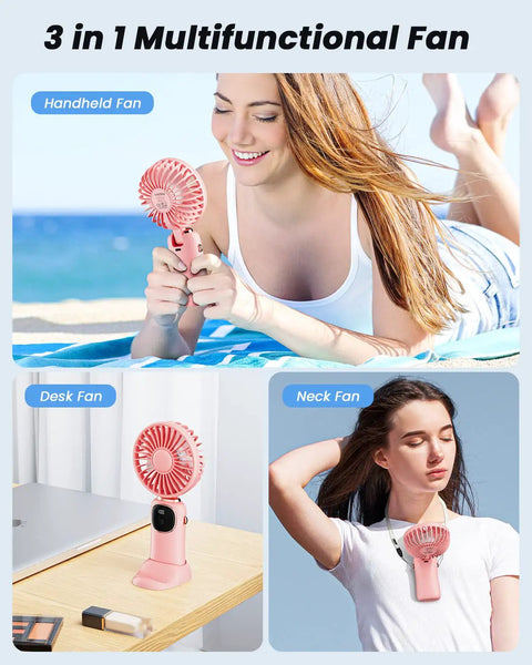 3 In 1 Portable Personal Fan With 4000mAh Battery And LED Display Handheld Or Neck Or Desk Use 90 Degree Foldable Base