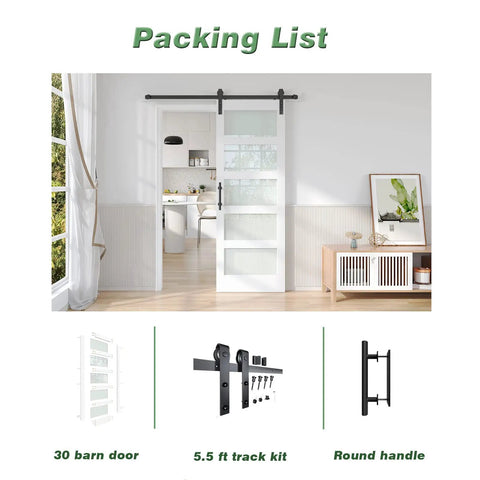 Dope White Frosted Glass Barn Door 30 X 84 Inch Size with 5.5 ft track kit and round handle, modern interior decor.