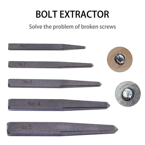 Five Piece Easy Out Bolt Extractor Set With Straight Fluted Screw Extractors For Removing Damaged Screws Bolts And Studs Quickly Square Type Heavy Duty Fastener Removal Tool Kit