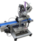 Plug And Go Automatic Flat Bottle Label Applicator Desktop Labeling Machine With Conveyor Belt And Print Coder For Boss Level Accuracy Flat Surface Wrapping showing stainless body and blue conveyor.