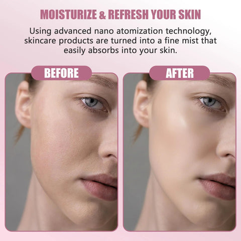 Before and after using Deep Hydration Oxygen Facial Machine Handheld High Pressure Mist Sprayer showing skin rejuvenation results