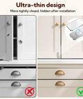 Comparison of Ultra Thin Magnetic Cabinet Door Magnets 20 Pack With Double Sided Tape installed and uninstalled on white cabinets.