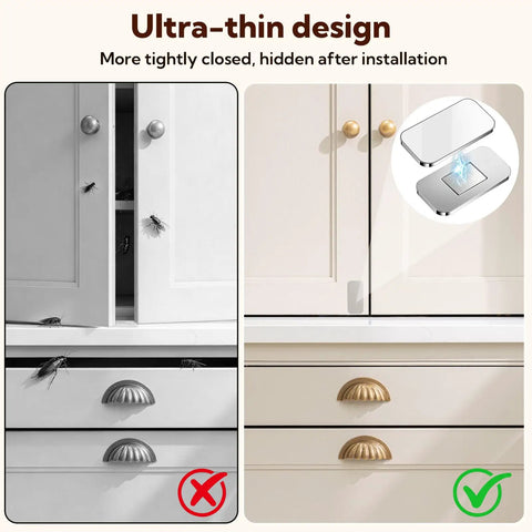 Comparison of Ultra Thin Magnetic Cabinet Door Magnets 20 Pack With Double Sided Tape installed and uninstalled on white cabinets.