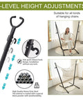 Cozy Macrame Hammock With Stand And Phone Holder, showing 6-level height adjustments, suitable for hanging swing chair indoors.