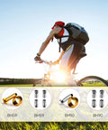 Biker on grassy path with overlay showing 20 Piece Bike Brake Olive And Barb Kit For Hydraulic Disc Brake Hose Repair, BH90 BH59 models.