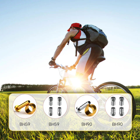 Biker on grassy path with overlay showing 20 Piece Bike Brake Olive And Barb Kit For Hydraulic Disc Brake Hose Repair, BH90 BH59 models.