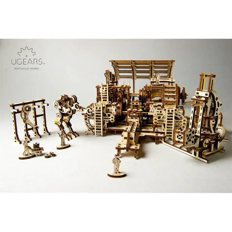 Mechanical Robot Factory 3D Wooden Puzzle Kit From STEAM Line Toys, fully assembled steampunk workshop with gears