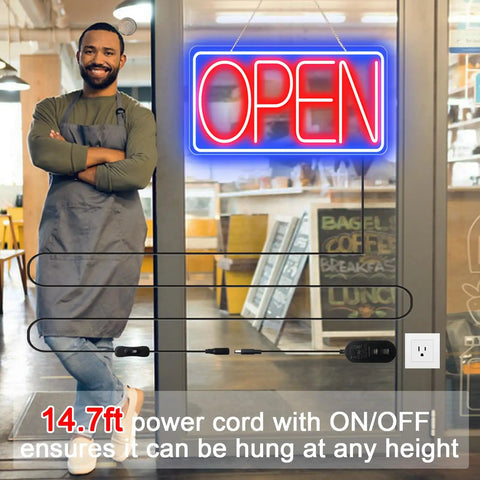 16.5 Inch By 9 Inch LED Neon Open Sign For Business with on/off switch displayed in a cafe window