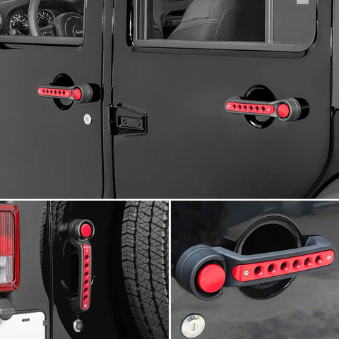 Red Aluminum Grab Handle Inserts And Push Button Knob Covers Trim For Jeep Wrangler JK JKU Sahara Rubicon Unlimited 2007 To 2018 Exterior Door Handle Decor Upgrade For A Boss Look, installed on Jeep door handle