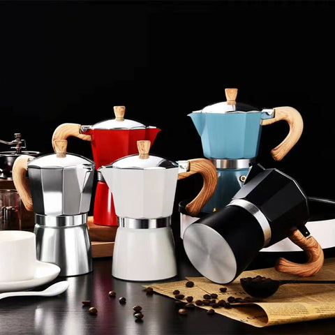 Yellow Portable Moka Pot With Wood Grain Handle For Turkish Coffee Lovers Go Anywhere Outdoor Coffee Maker 300ml Durable Cast Aluminum Espresso Pot For Rich Flavor And Aroma Easy Stove Top Brew