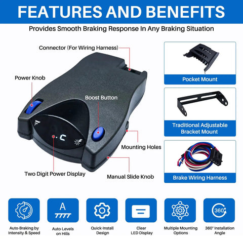 Proportional Electric Over Hydraulic Trailer Brake Controller Kit for 1-4 Axle Trailers features and benefits diagram