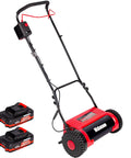 16 Inch Cordless Electric Reel Lawn Mower With Dual 36Wh Batteries For Long Run Time Up To 30 Minutes Of Mowing On Small To Medium Lawns Quiet Eco Friendly Yard Work No Fuss Easy Start, red and black
