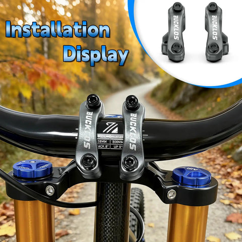 Direct Mount Bar Clamp MTB Stem for 31.8mm Bars installed on bike, high-rise design with dual crown fork compatibility shown.