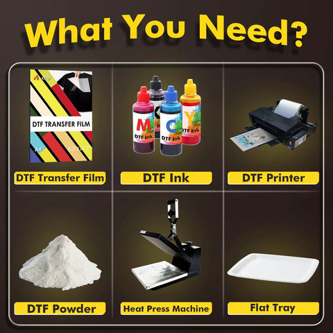 What you need for DTF Transfer Film Set With 30 A4 Sheets Double Sided Matte Direct To Film Paper For Sublimation Or DTF Inkjet Printers.