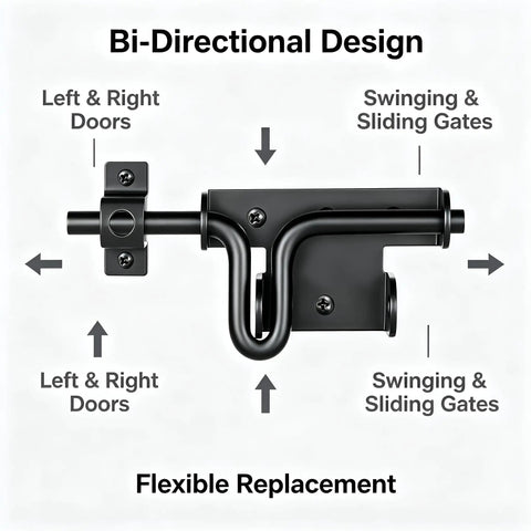 Bi-directional Heavy Duty Steel Gate Slide Bolt Latch for left and right doors and gates with flexible replacement design.