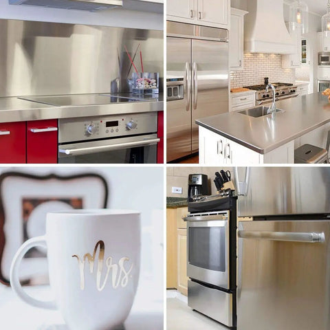 Extra Wide Stainless Steel Look Contact Paper For Kitchen Counters And Appliances DIY Friendly Peel And Stick 197 By 24 Inches Waterproof Silver Nickel Finish Oil Proof Removable Self Adhesive Stove Cover And Fridge Cover applied on appliances and counters