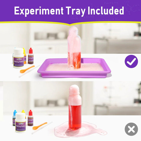 Hands On Science Kit For Kids Aged 8 To 12 With 105 Cool Experiments Including Volcano And Chemistry, STEM Toys For Birthday Gifts, Homeschool Learning, Earth Science And Physics Made Totally Fun showing a red foaming volcano experiment with tray and materials.