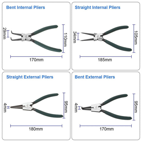 Built Tough 7 Inch Snap Ring Pliers Set showing bent and straight jaw for internal and external circlip removal