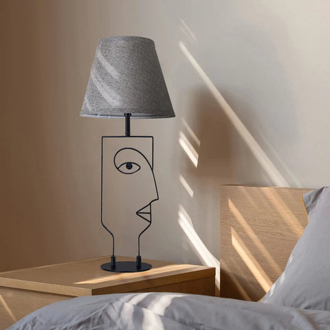 Two Pack Black Table Lamps With Gray Fabric Shades For Bedroom And Living Room, Farmhouse Style Mid Century Modern Nightstand Lights, Unique Abstract Face Art Design, Reading Lamps For Desk, Night Stand, Kids Room