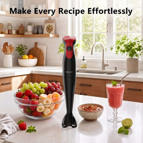 Premium Corded Handheld Immersion Blender Equipped With A 15000Rpm Motor And Razor Sharp Stainless Blades For No Sweat Soup Mixing And Smooth Purees In Every Kitchen on kitchen counter with fruits and smoothies.