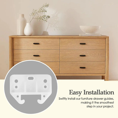 Four Pack White Plastic Drawer Slide Brackets With Complete Hardware For Silky Smooth Gliding Easy Peasy Installation Heavy Duty Furniture Repair And Cabinet Track Replacement System on a wood drawer.