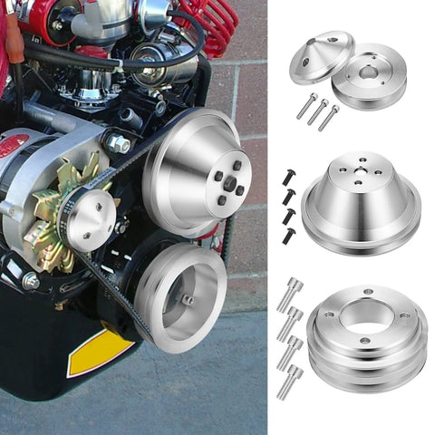 All In One Ford Small Block V Belt Pulley Kit With Alternator Crankshaft And Water Pump For 1969 And Up 302 351C 351M 351W 400M V8 5.0L Engines Three Eighth Inch Belt Compatible installed on engine