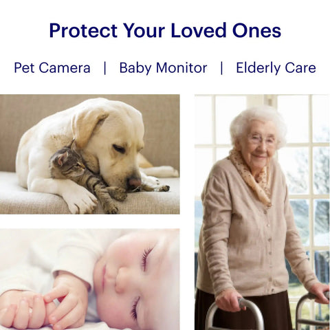 Image of a dog with a kitten, a sleeping baby, and an elderly woman, illustrating uses of the Indoor Home Security Cam 1080P HD WiFi.