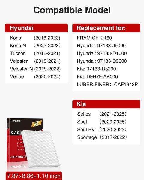 Cabin Air Filter Replacement For Hyundai Kia CAF1948P CF12160 with compatibility details and dimensions 7.87x8.86x1.10 inches
