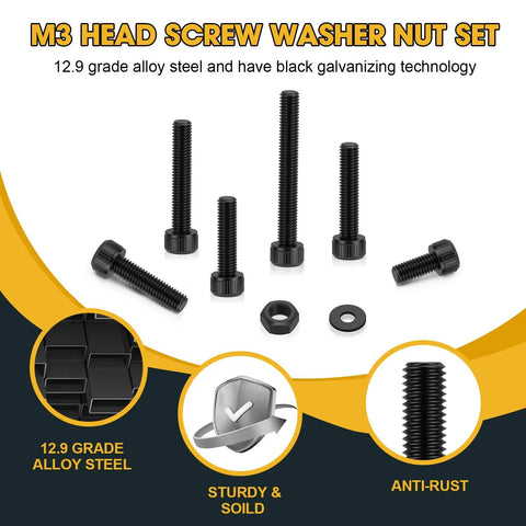 600 Pcs M3 Screws Set With Black Alloy Steel M3x6/8/10/12/16/20/25/30mm Screws, 12.9 Alloy Nuts, Bolts And Washers